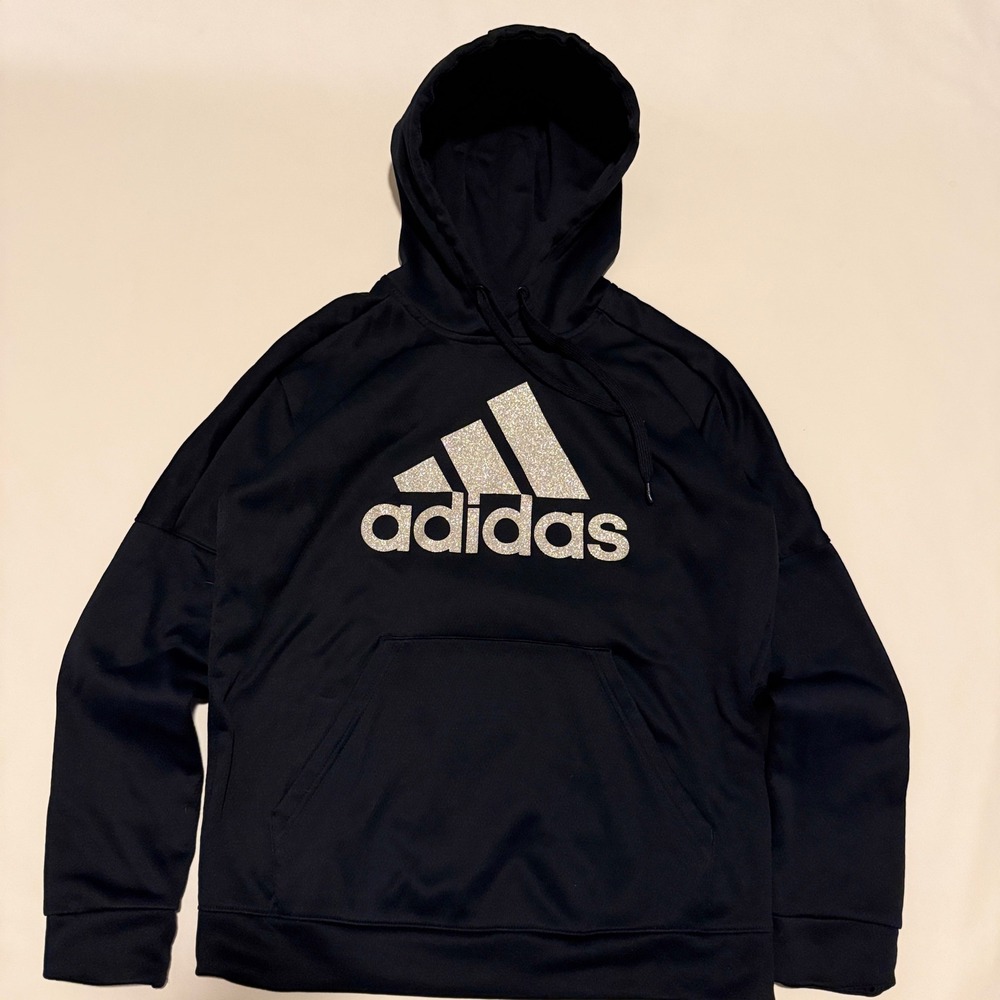Adidas Hoodie Kids Medium 12-14 Navy Blue Silver Glitter Logo Climawarm DX5114